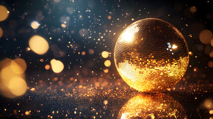 A shiny golden disco ball with sparkling lights and glitter falling around it

