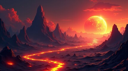 A surreal volcanic planet with molten glass rivers, floating obsidian islands, and crimson energy storms swirling across the atmosphere in Vector Art.
