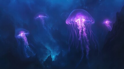 Fototapeta premium Underwater View of Four Glowing Jellyfish