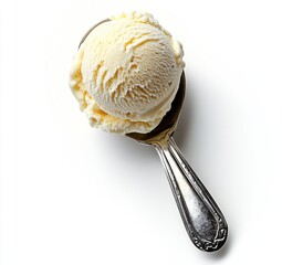 Creamy vanilla ice cream scoop on a silver spoon against a bright white background for delicious dessert and treat concepts