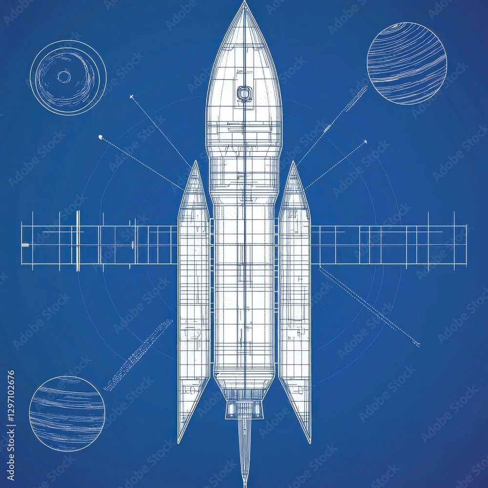 Poster a detailed blueprint of a rocket on a blue background, showcasing intricate design elements and surr
