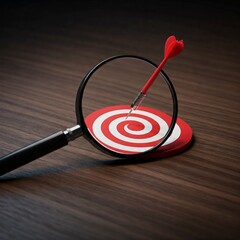 Business goal strategy and target concept. A magnifying glass focuses on a red target with an arrow, symbolizing goal setting, precision, strategy, success, and achieving objectives in a target market