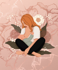 Hand-drawn digital illustration of a loving mother breastfeeding her baby, surrounded by delicate flowers and soft pastel tones. A tender and emotional composition celebrating motherhood