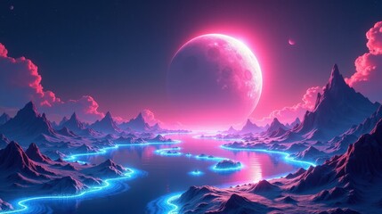 A surreal planet with liquid crystal oceans, glowing fractal landmasses, and swirling neon auroras illuminating its endless sky in vivid, intricate Vector Art.