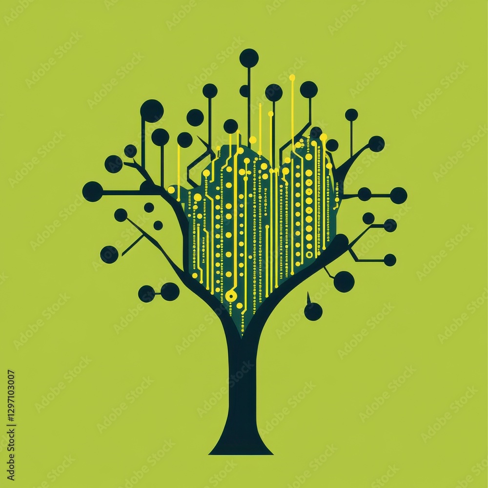 Poster a unique tree silhouette formed with circuit patterns, symbolizing the fusion of nature and technolo