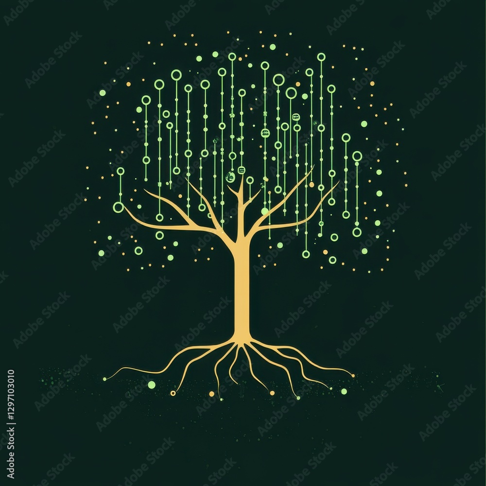 Poster a digital tree design with glowing green elements, symbolizing growth and connection in technology.