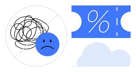 Scribbled chaotic lines crossed out with sad face, discount coupon next to cloud. Ideal for financial planning, mental health, stress relief, discounts, clear thinking, productivity, simplicity