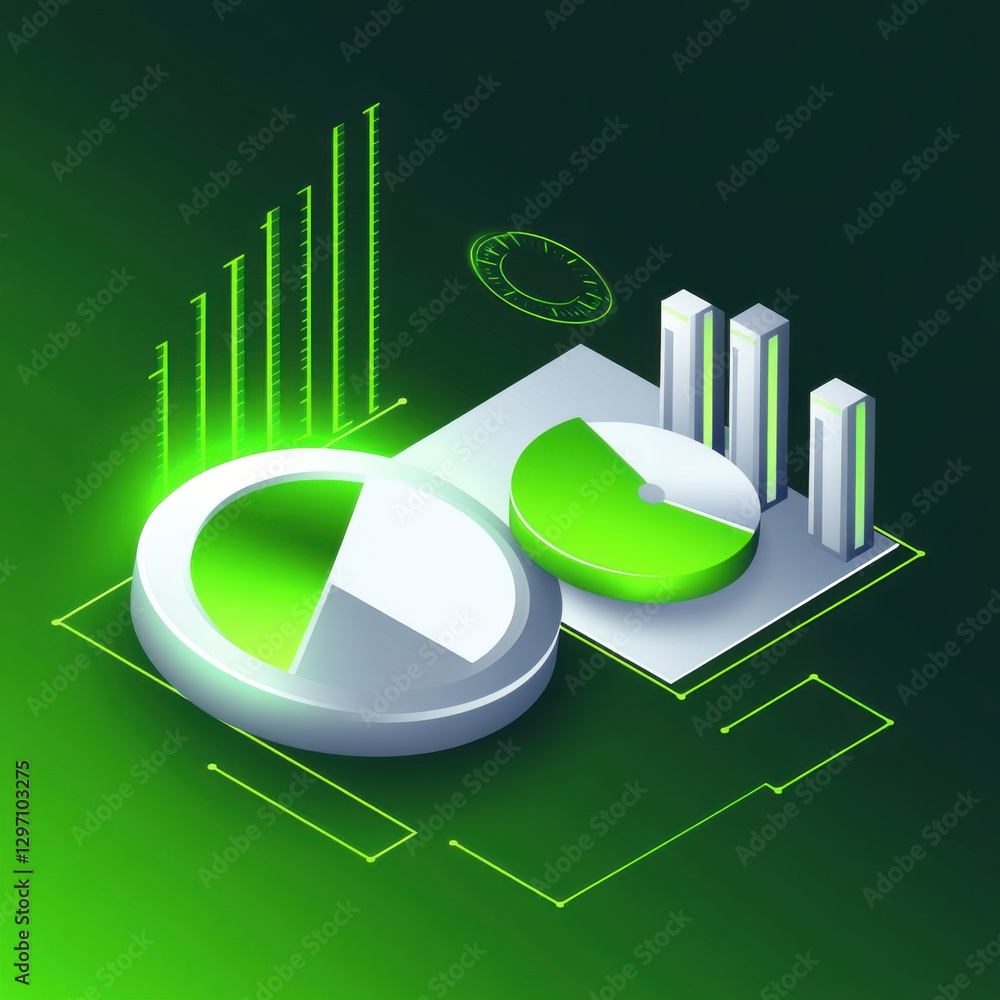 Poster abstract 3d rendering of green and white financial charts and graphs on a dark background.