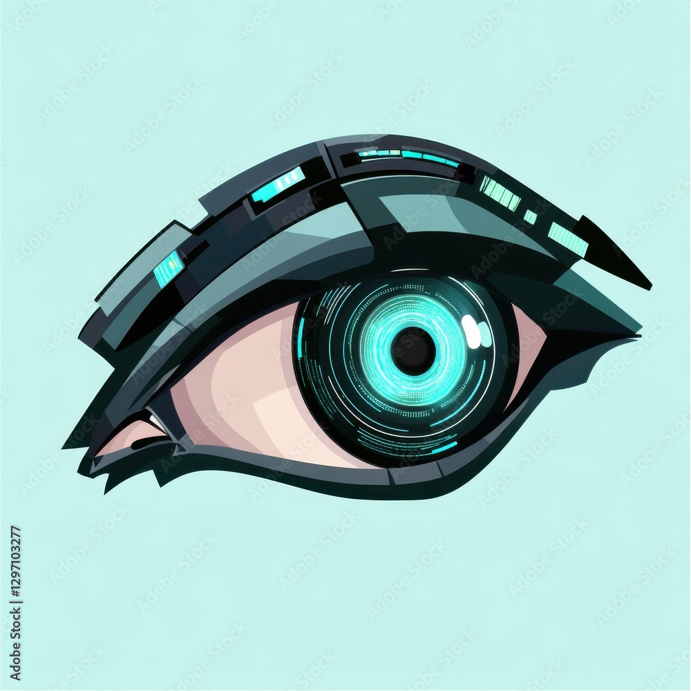 Poster futuristic mechanical eye design showcasing intricate digital patterns and glowing elements.