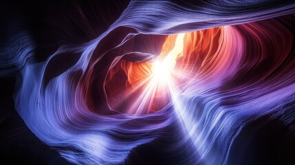 Naklejka premium Illuminated Narrow Canyon with Vibrant Light Through Rock Opening