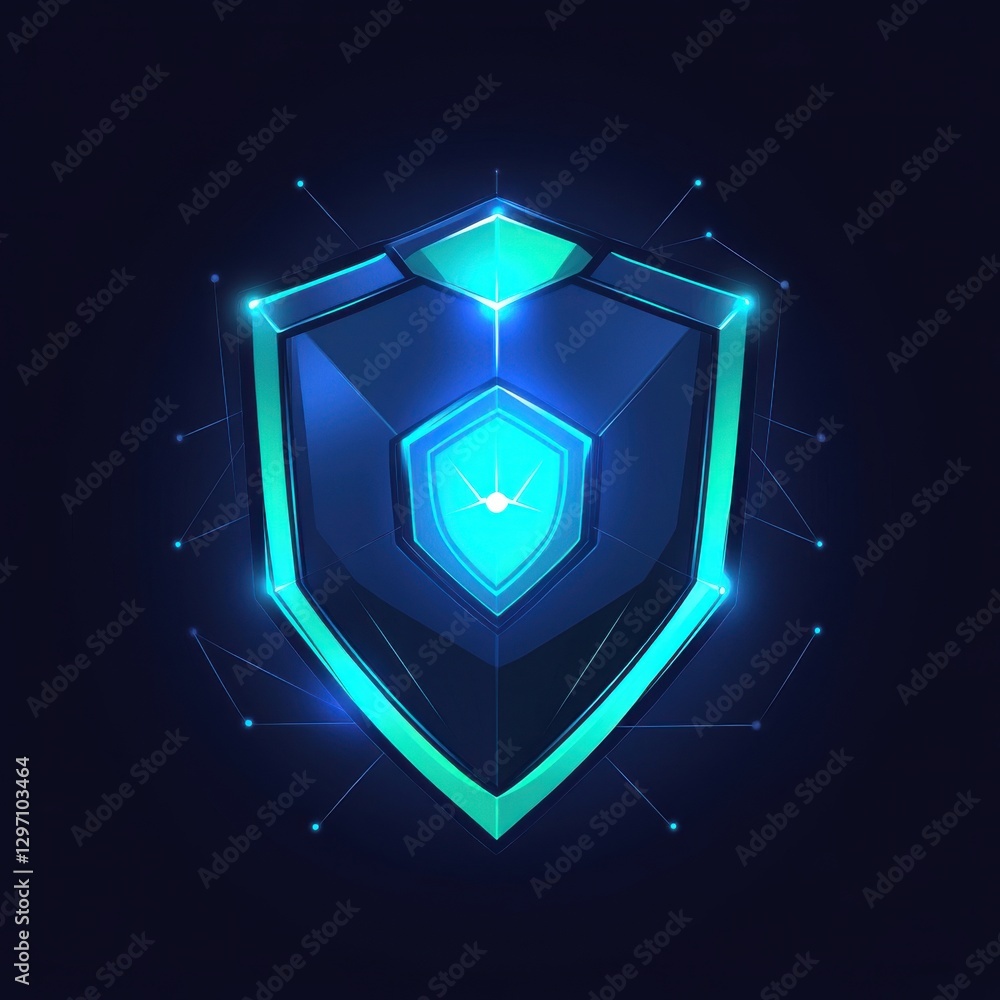 Poster a futuristic blue shield symbol with glowing edges and geometric elements representing security and 