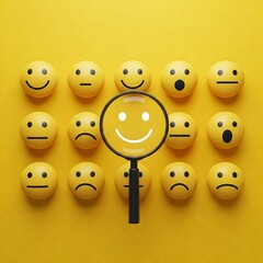 Customer satisfaction survey concept. A magnifying glass highlights a smiling face among various feedback emoticons on a yellow background, symbolizing insights and service improvement
