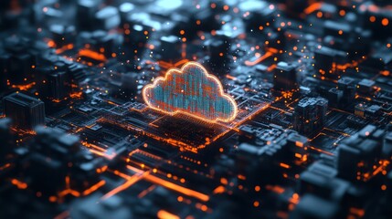 Digital cloud computing environment showcasing network data connections and structure