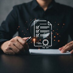 The document review process and quality control concept, featuring a hand holding a magnifying glass over a checklist document icon. Represents document approval, certification management, audits