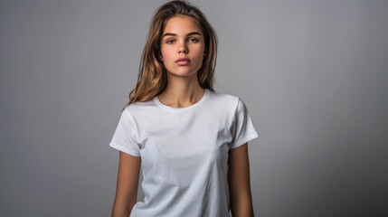 Obraz premium Woman Portrait in White T-Shirt on Gray Background