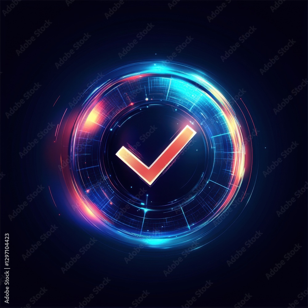 Aufkleber futuristic glowing check mark inside a colorful circular frame on a dark background.