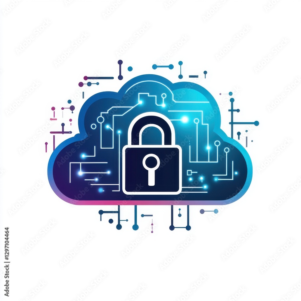 Poster an abstract illustration of a cloud with a padlock, symbolizing digital security and data protection
