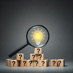 Innovation and Problem-Solving Concept. A magnifying glass highlights a light bulb icon above wooden blocks with question marks, symbolizing creative solutions, insights