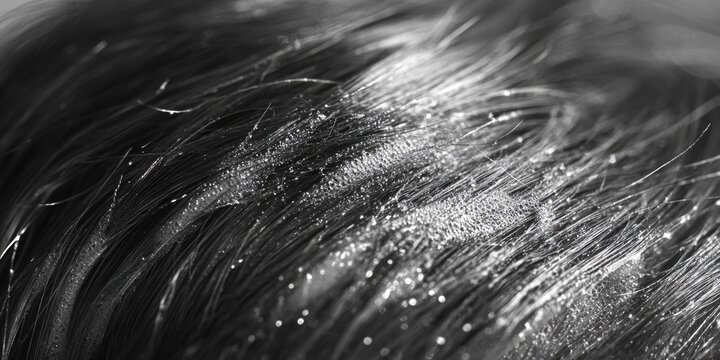 A detailed view of water droplets on human hair, great for beauty and health related uses