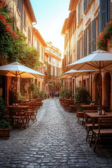 Fototapeta premium A charming cobblestone street is lined with cozy cafés, lush greenery, and warm sunlight filtering through historic buildings 