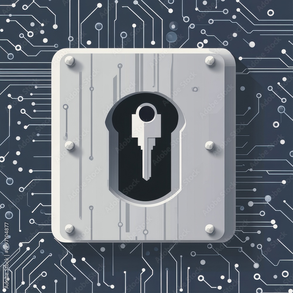 Poster digital security concept featuring a keyhole and key against a circuit board background.
