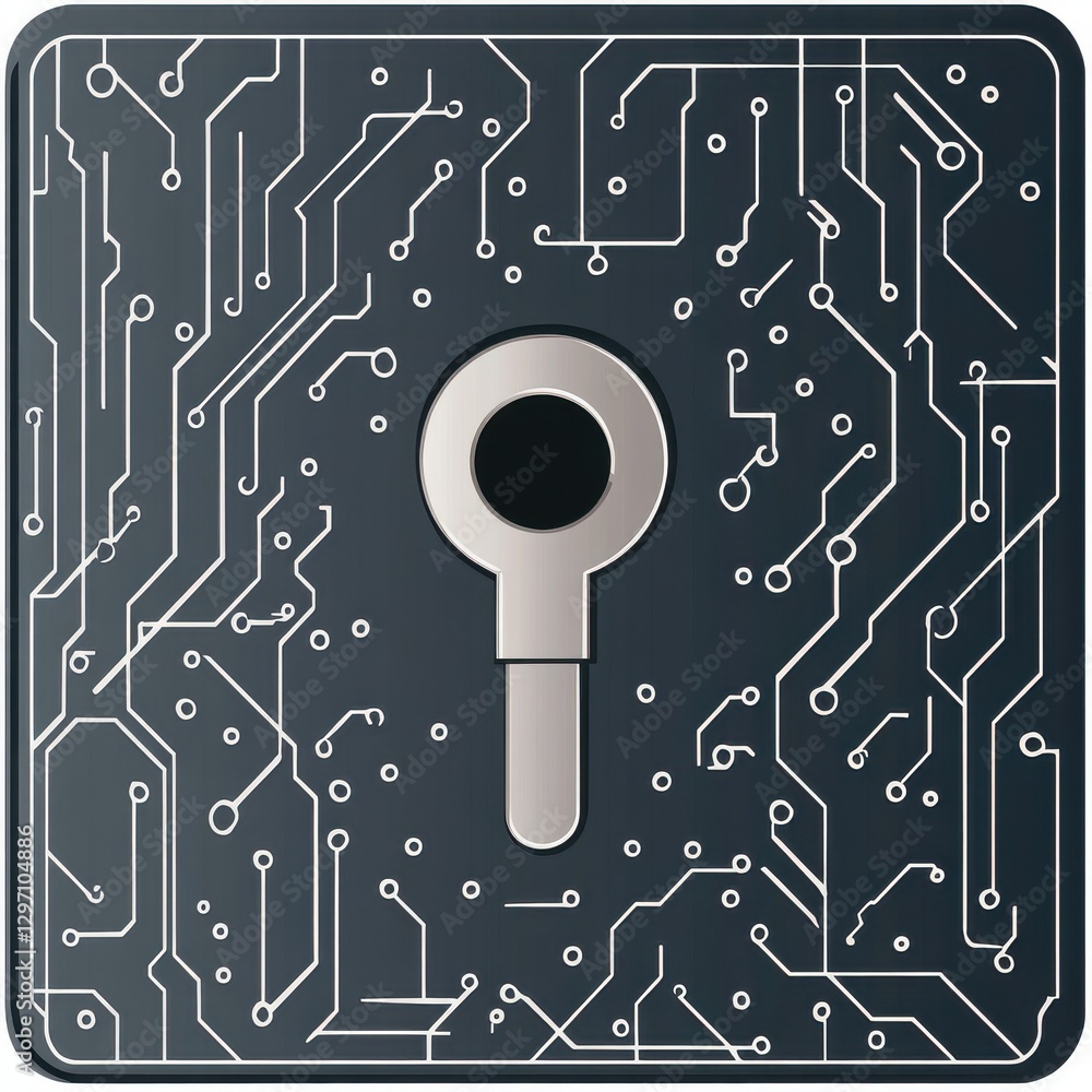 Poster futuristic digital lock icon on a circuit pattern background, symbolizing cybersecurity and data pro