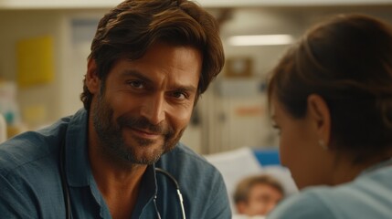 Fototapeta premium Doctor smiling at patient in a hospital setting