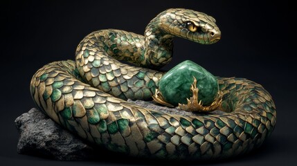 Obraz premium Intricate Golden and Green Snake Sculpture with Jade Gemstone
