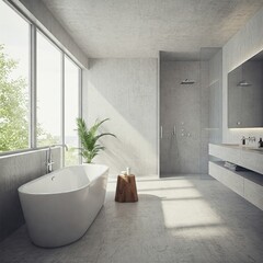 A modern minimalist bathroom featuring sleek concrete finishes, combining elegance with contemporary design. 3D Rendering.