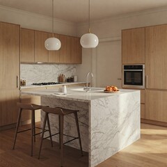 A sleek, modern minimalist kitchen featuring wooden cabinets and a light marble island, combining warmth and elegance in a contemporary design. 3D Rendering