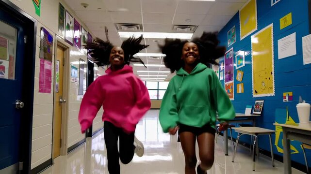 Two kids run joyfully down a school hallway. The video captures them from a low-angle, emphasizing energy and movement in a vibrant setting.