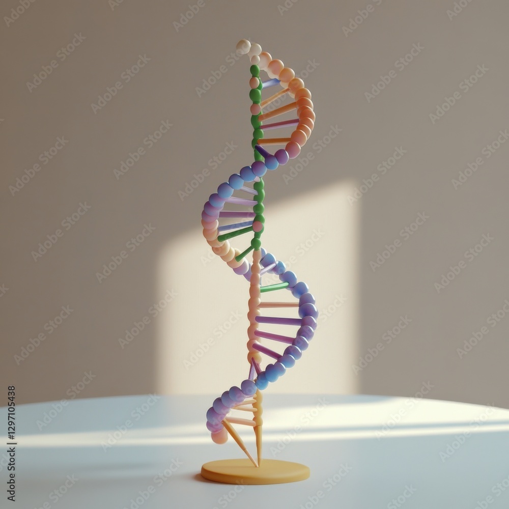 Poster colorful 3d dna model representing genetic structure, elegantly displayed on a table with soft light