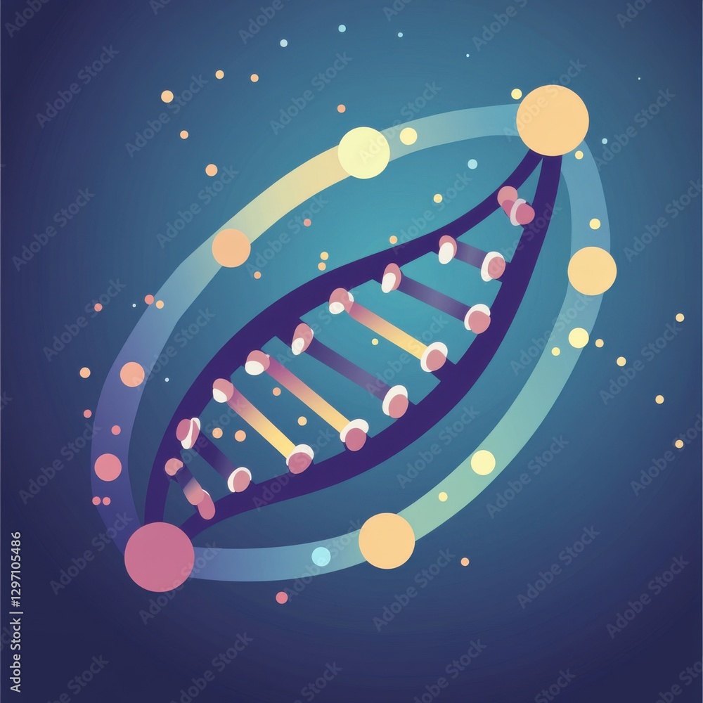 Poster abstract representation of dna structure with vibrant colors and circular elements, showcasing genet