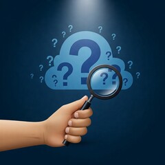 Question mark and root cause analysis concept. A hand holding a magnifying glass over a large question mark surrounded by smaller ones on a blue background, representing analysis and problem-solving.