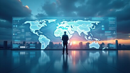 Professional stands before a clear wall display of streaming data lines and machine learning symbols, spotlighting instant analytics.