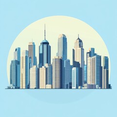 Fototapeta premium A vibrant city skyline with modern skyscrapers against a pastel blue background.