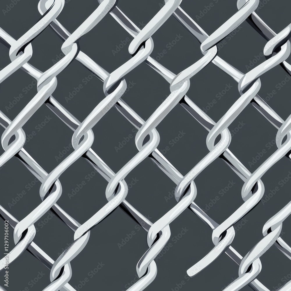 Poster close-up of a silver chain link fence with a textured pattern against a dark background.