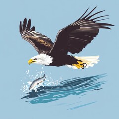Obraz premium A majestic bald eagle soaring above water, catching fish with its powerful talons.