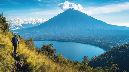 Scenic Mountain Landscape with Hiker Near Vibrant Lake and Sky