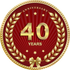 40 years anniversary vector golden design on red  background for celebration, congratulation and greeting card, logo, icon
