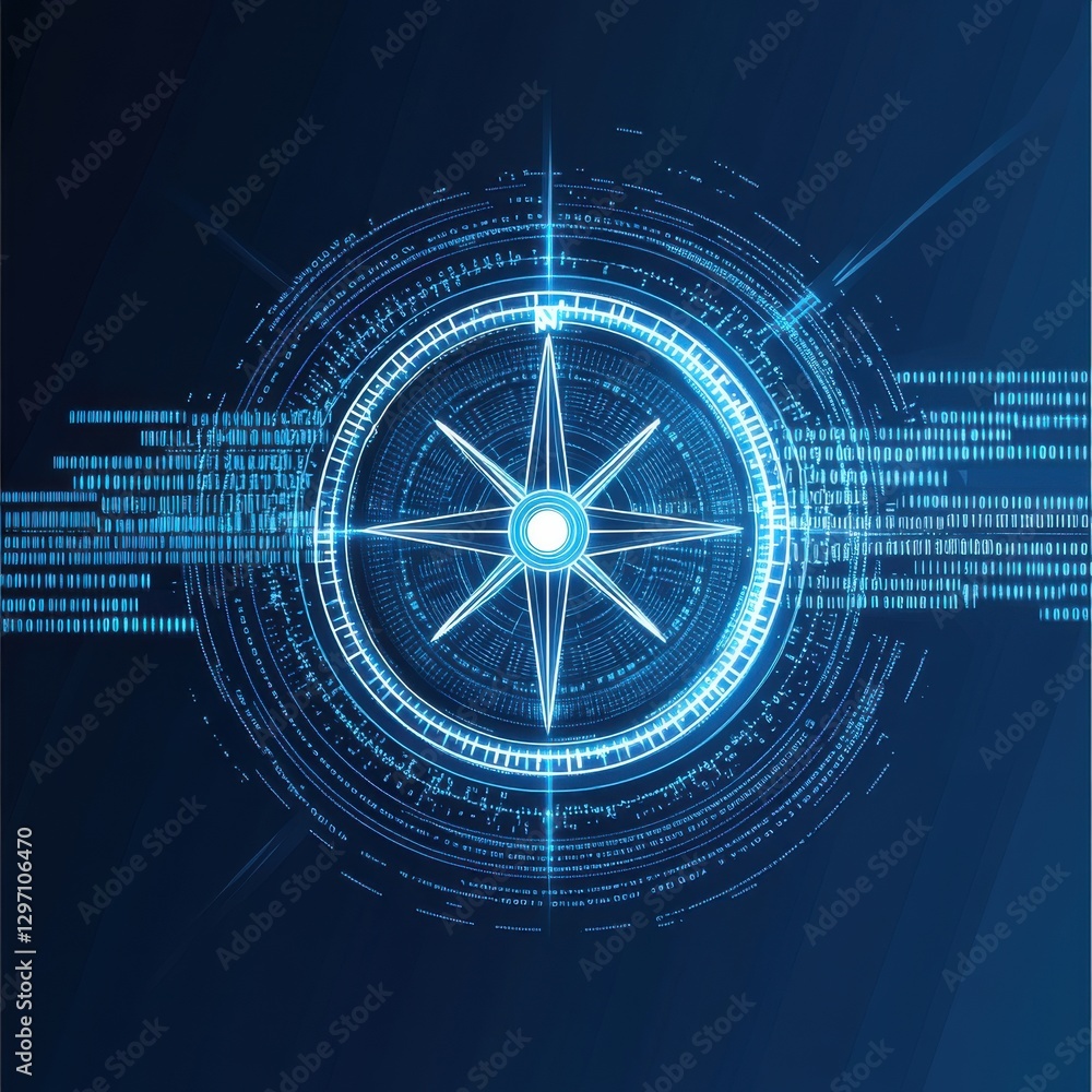 Poster futuristic blue digital compass design with binary elements, symbolizing navigation and technology.