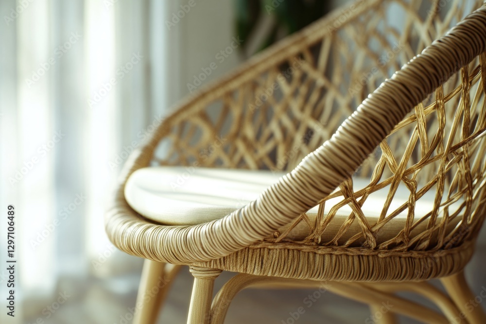 Poster a close-up shot of a wicker chair positioned in front of a window