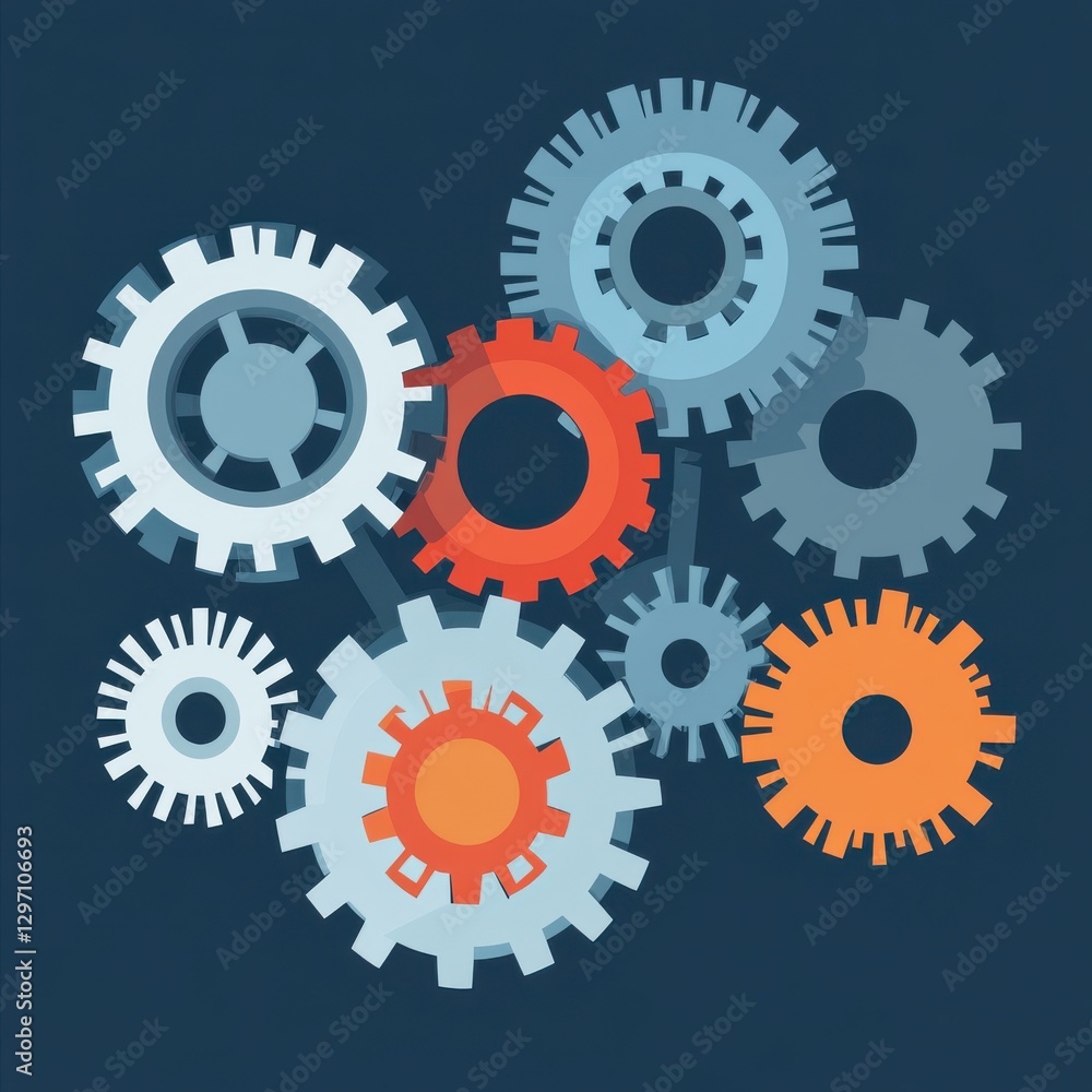 Poster a vibrant arrangement of interconnected gears in various sizes and colors on a dark background.