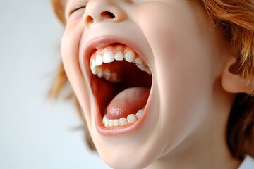 A young child opens their mouth very wide to show teeth