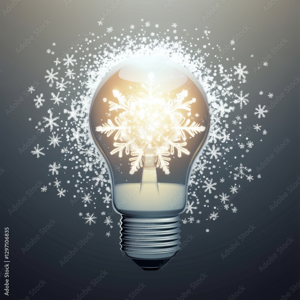 Aufkleber a glowing light bulb with a snowflake inside, surrounded by sparkling snowflakes, creating a magical