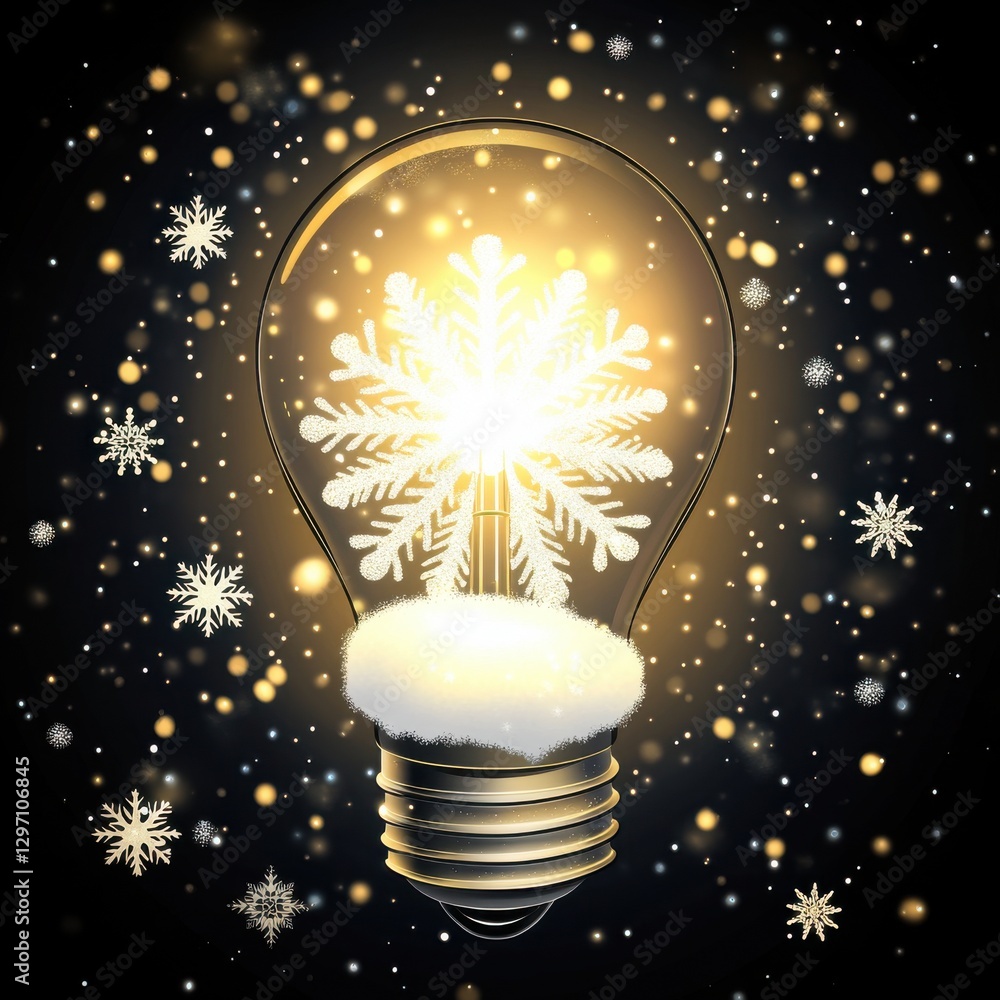 Poster a glowing lightbulb with a snowflake design surrounded by shimmering snowflakes in a dark backdrop.