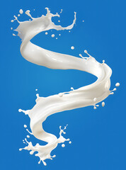 White spiral splash isolated on blue background. The milk stream embraces invisible carton of milk