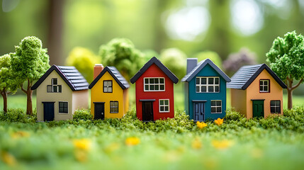 Colorful miniature houses in a lush green landscape with trees and flowers, symbolizing community, real estate, and suburban living in a charming setting