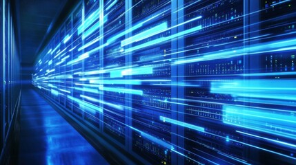 Glowing blue data stream moving through a high-tech corridor