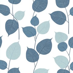 Obraz premium Stylish botanical pattern featuring various blue and light green leaves on a clean white background.